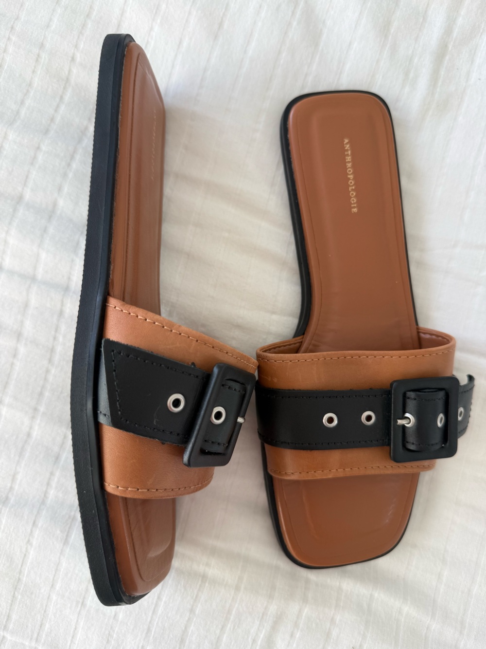 Anthropologie Tan and Black Buckle Slide Sandals - Picture 3 of 3